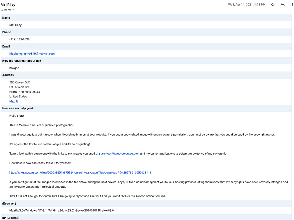 A scam email from someone claiming to be Mel, a photographer, complaining about stolen images hosted on your website.