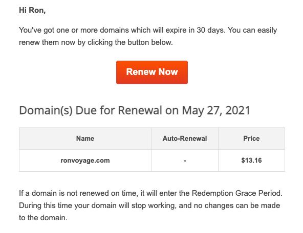 An email from Namecheap showing a renewal due for a domain about to expire.